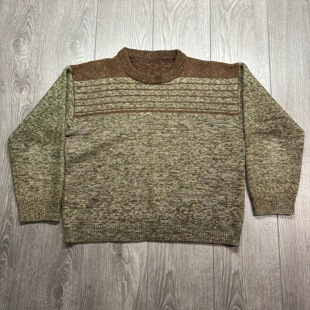 Vintage 90s Marled Cotton Knit Sweater Mens Small Green Brown Striped Crew Neck